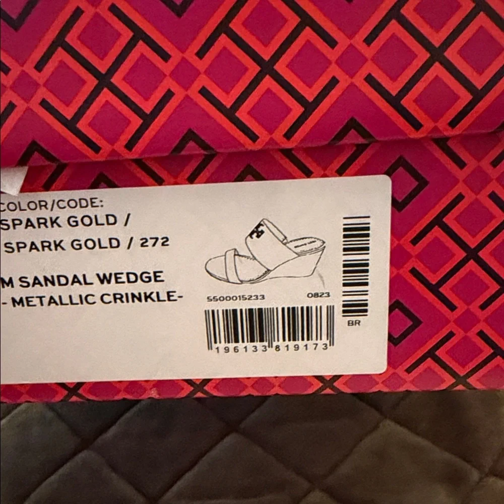 Tory Burch Metallic Gold Crinkle Slide Wedges - Picture 4 of 4